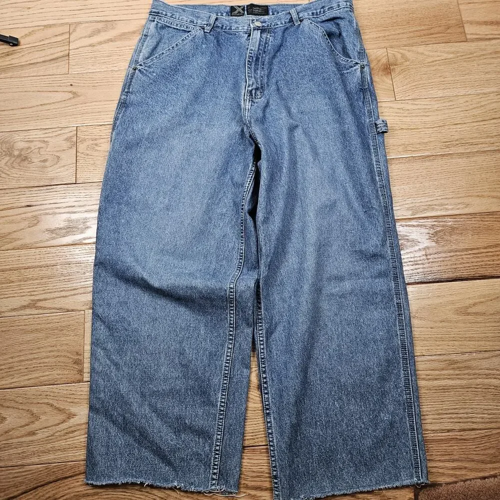 Y2K Wide Leg SkaterJeans 36x27 raw hem Super Baggy Faded sand blast